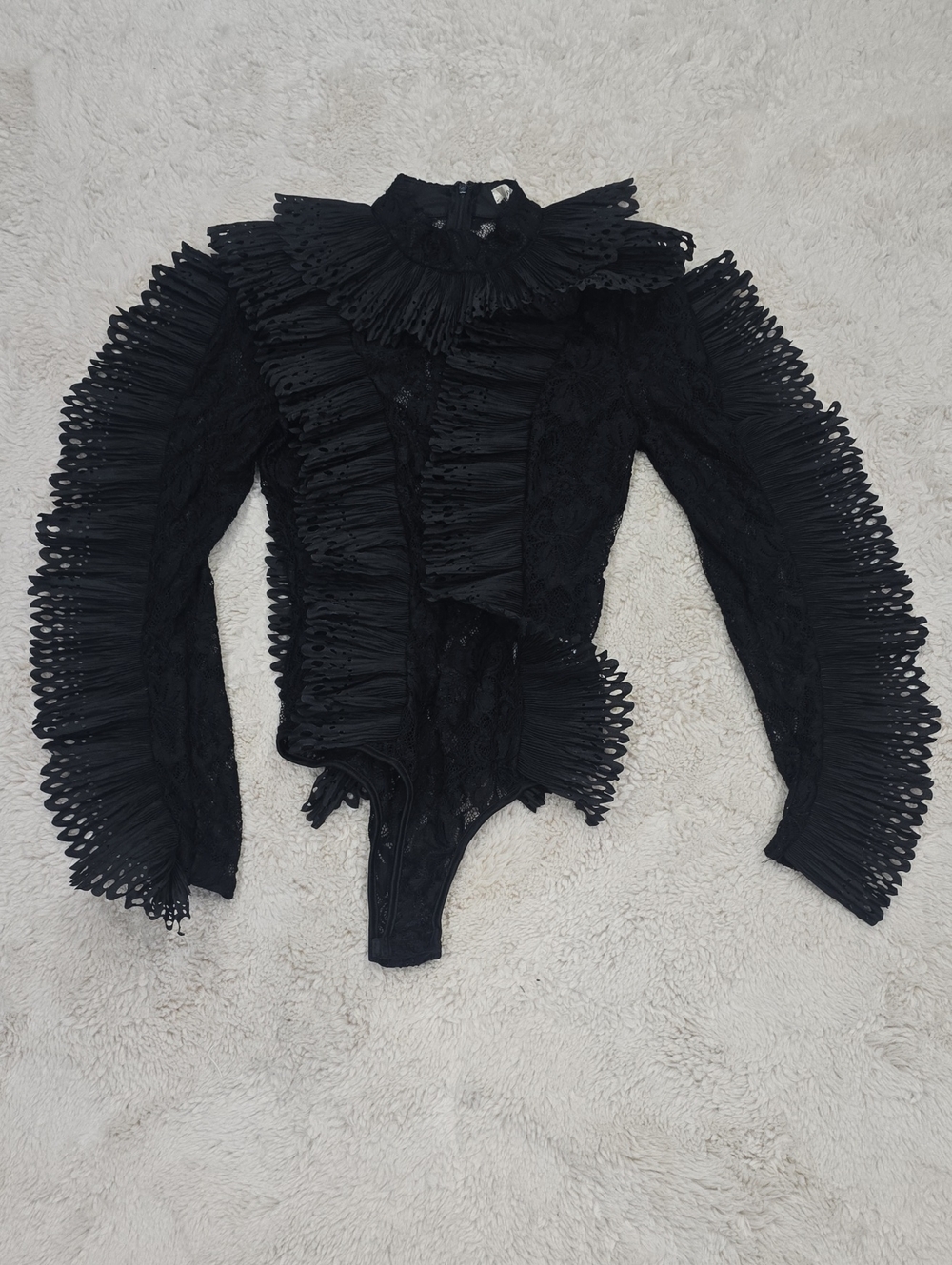 Black Lace Ruffled High-Neck Bodysuit